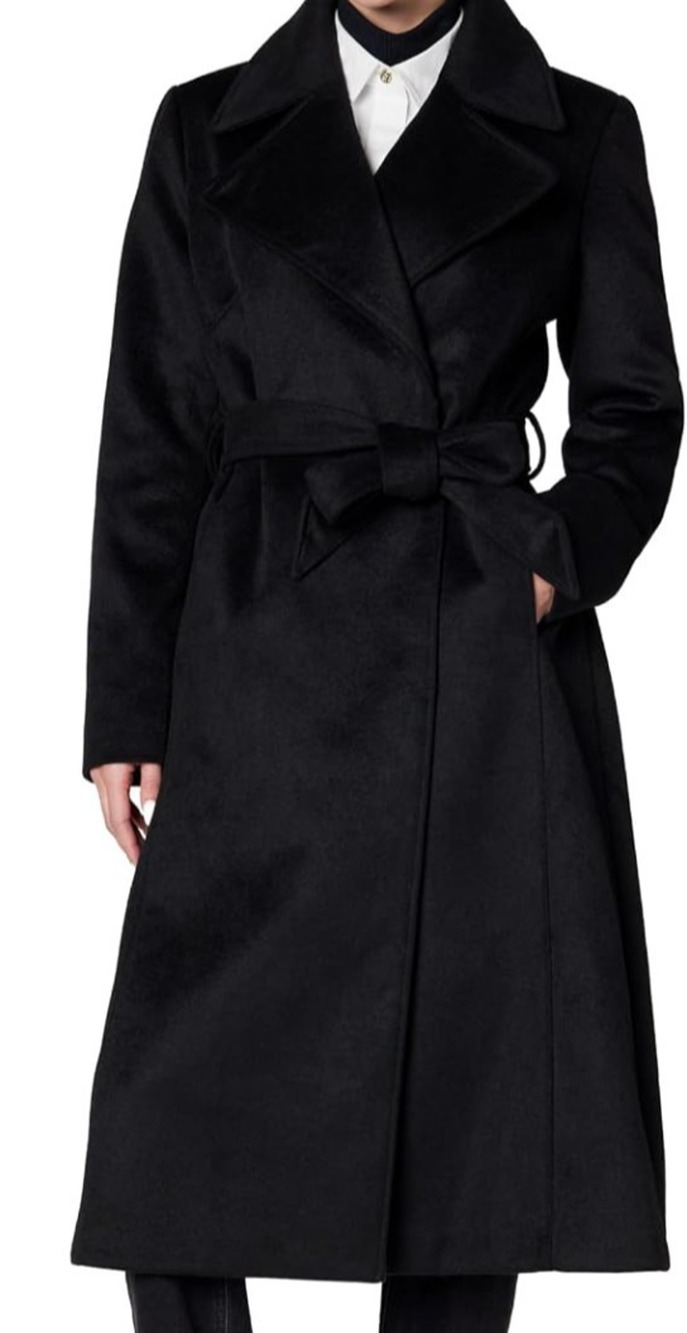 KARL LAGERFELD PARIS Black Midi Long Wool Blend Wrap Coat size M